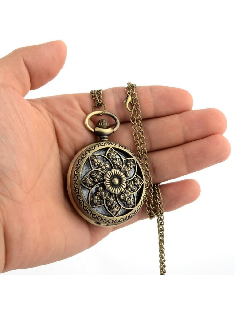 Women's White Quartz Antique Bronze Retro Hollow Rose Flowers Round Pocket Watch - Picture 4 of 6